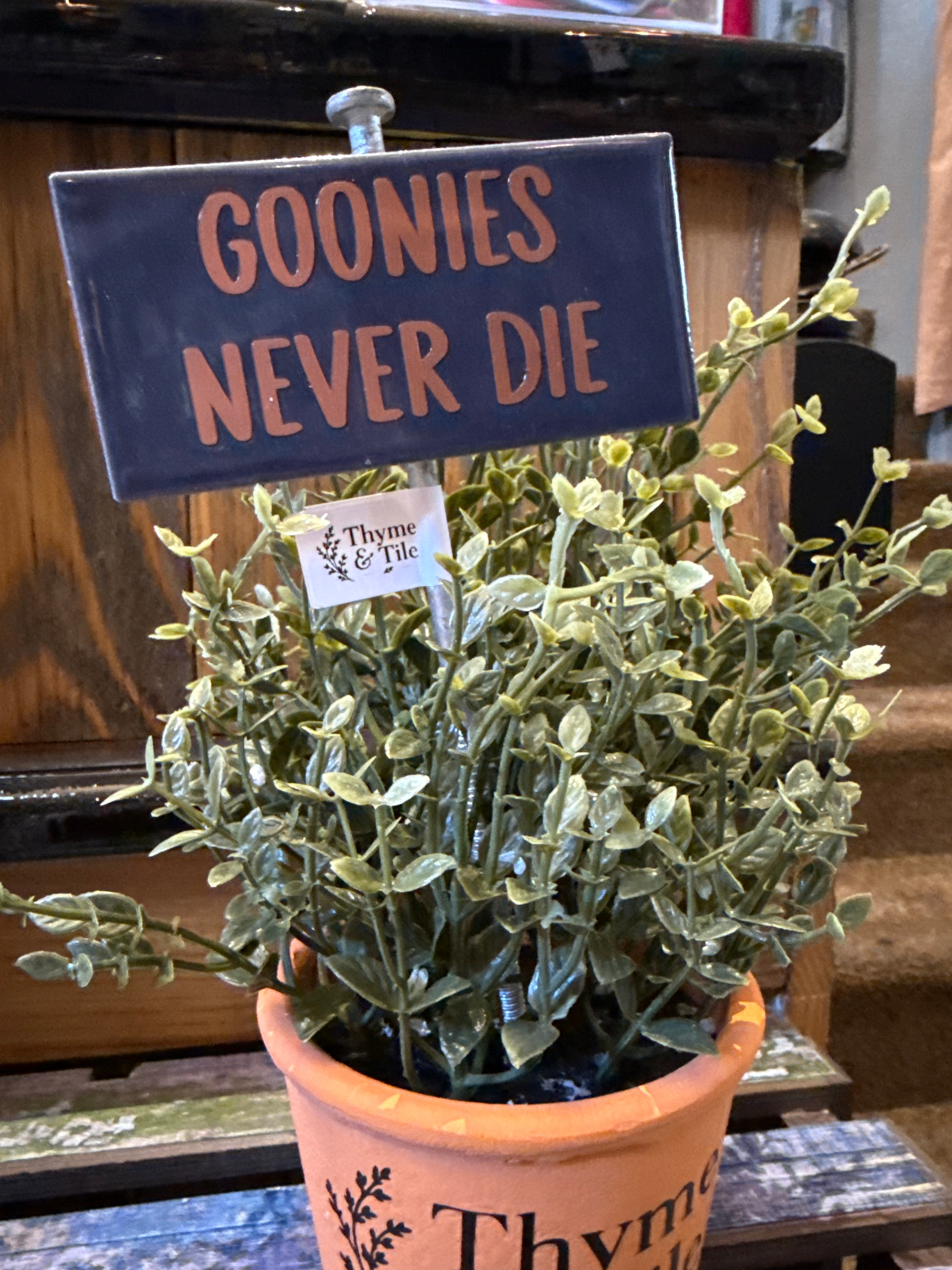 Thyme & Tile "Goonies Never Die" Ceramic Tile Sign | 8" Retro Pop Culture Decor boho clothing, festival outfit, hippie style apparel | Elevated Hippie