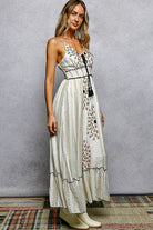 Deep V-Neck Tassel Ruffle Embroidered Trim Maxi Dress boho clothing, festival outfit, hippie style apparel | Elevated Hippie