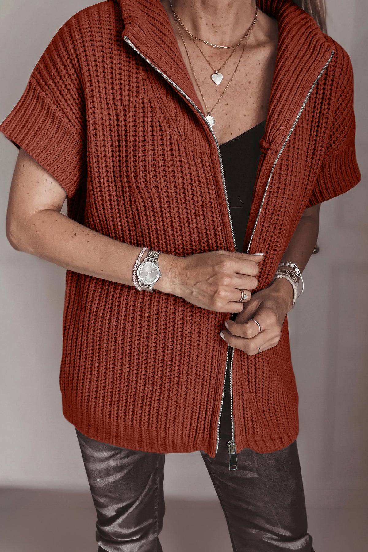 Cinnamon Short Sleeve Zip Knit High Neck Sweater