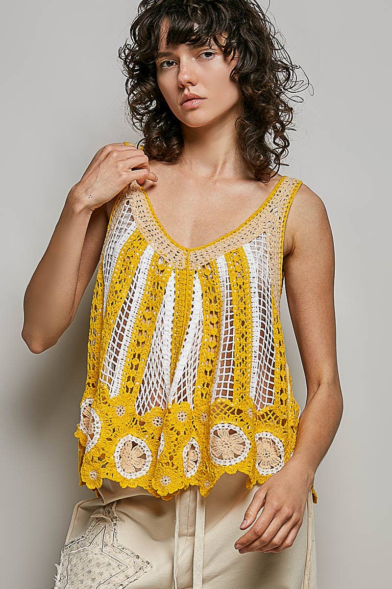 V-Neck Sleeveless Scalloped Edge Stripe Border Crochet Top boho clothing, festival outfit, hippie style apparel | Elevated Hippie