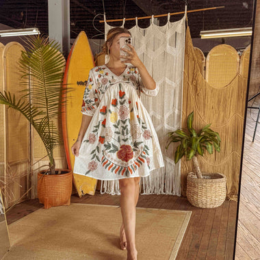 Boho Embroidered Floral Cotton Dress, Fall Lined Short Dress - The Elevated Hippie
