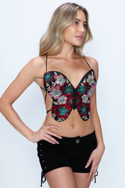 FLORAL BEADED BUTTERFLY RHINESTONE LACE UP BACK BRALETTE TOP boho clothing, festival outfit, hippie style apparel | Elevated Hippie