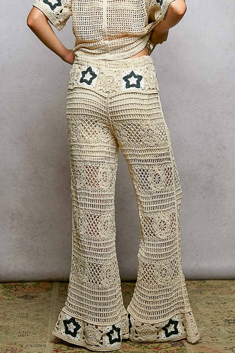 Star Motifs Flared Hem Straight Fit Crochet Pants boho clothing, festival outfit, hippie style apparel | Elevated Hippie