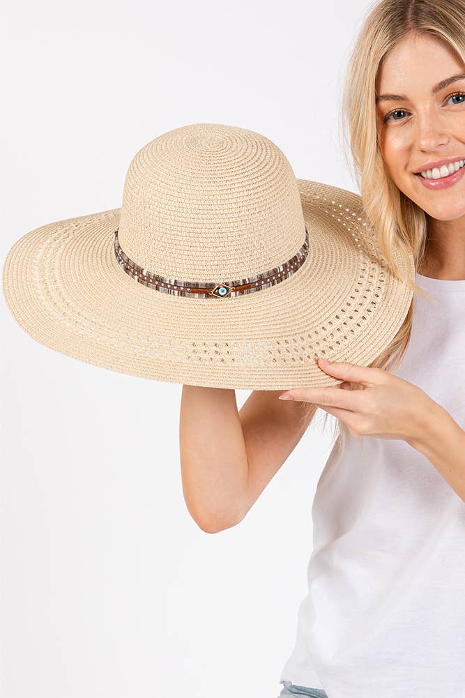 Evil Eye and Multi Design Band Wide Brim Straw Hat boho clothing, festival outfit, hippie style apparel | Elevated Hippie