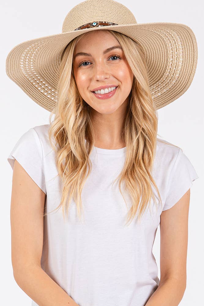 Evil Eye and Multi Design Band Wide Brim Straw Hat boho clothing, festival outfit, hippie style apparel | Elevated Hippie