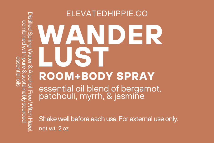 Wander Lust Essential Oil Room + Body Spray – Bergamot, Patchouli, Myrrh & Jasmine boho clothing, festival outfit, hippie style apparel | Elevated Hippie