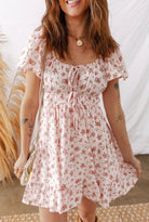 Pink Floral Tie Front Mini Dress with Shirred Waist boho clothing, festival outfit, hippie style apparel | Elevated Hippie