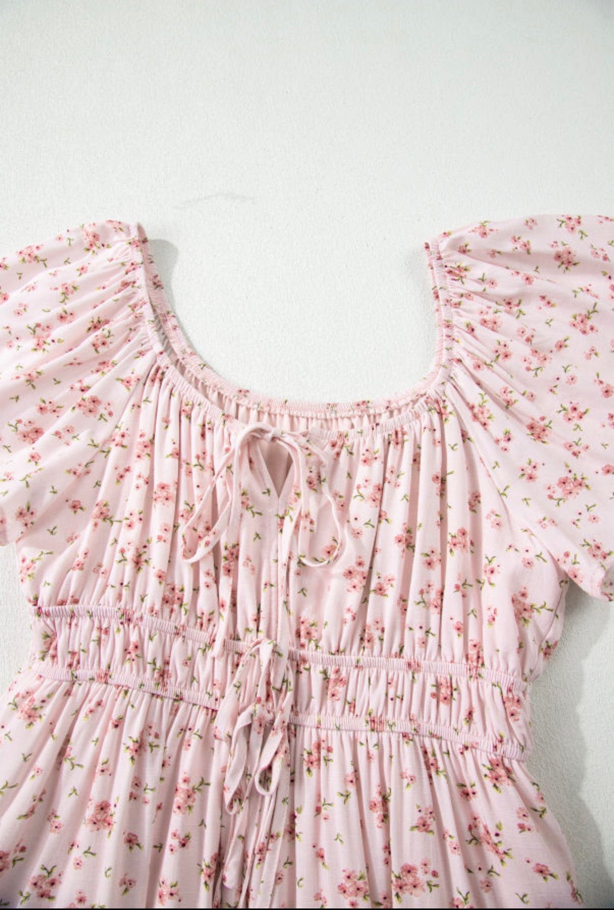Pink Floral Tie Front Mini Dress with Shirred Waist boho clothing, festival outfit, hippie style apparel | Elevated Hippie