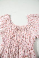 Pink Floral Tie Front Mini Dress with Shirred Waist boho clothing, festival outfit, hippie style apparel | Elevated Hippie