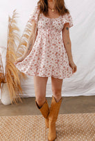 Pink Floral Tie Front Mini Dress with Shirred Waist boho clothing, festival outfit, hippie style apparel | Elevated Hippie