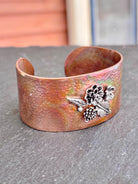 Copper 1" Fire painted cuff with sterling silver flowers boho clothing, festival outfit, hippie style apparel | Elevated Hippie