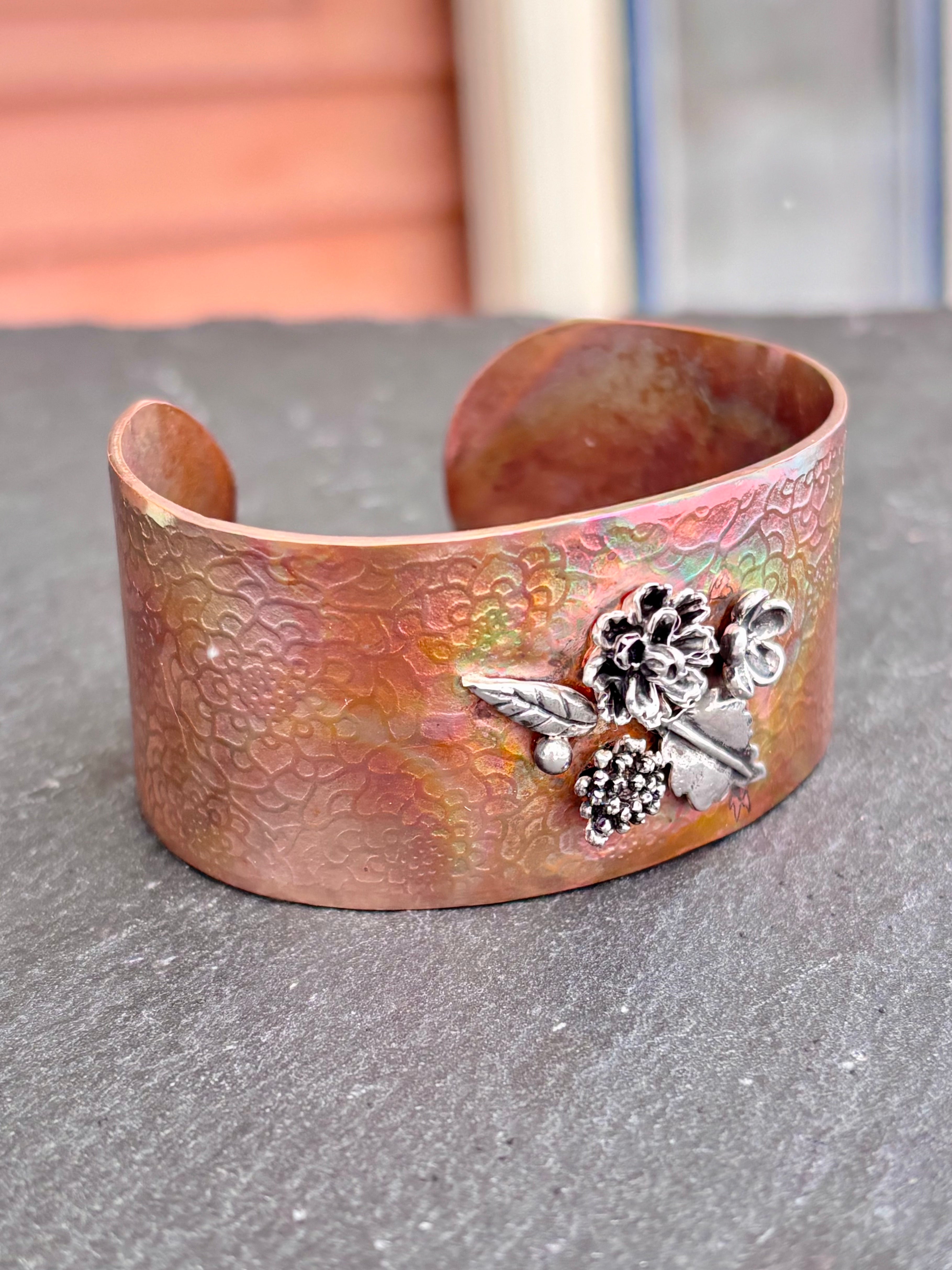 Copper 1" Fire painted cuff with sterling silver flowers boho clothing, festival outfit, hippie style apparel | Elevated Hippie