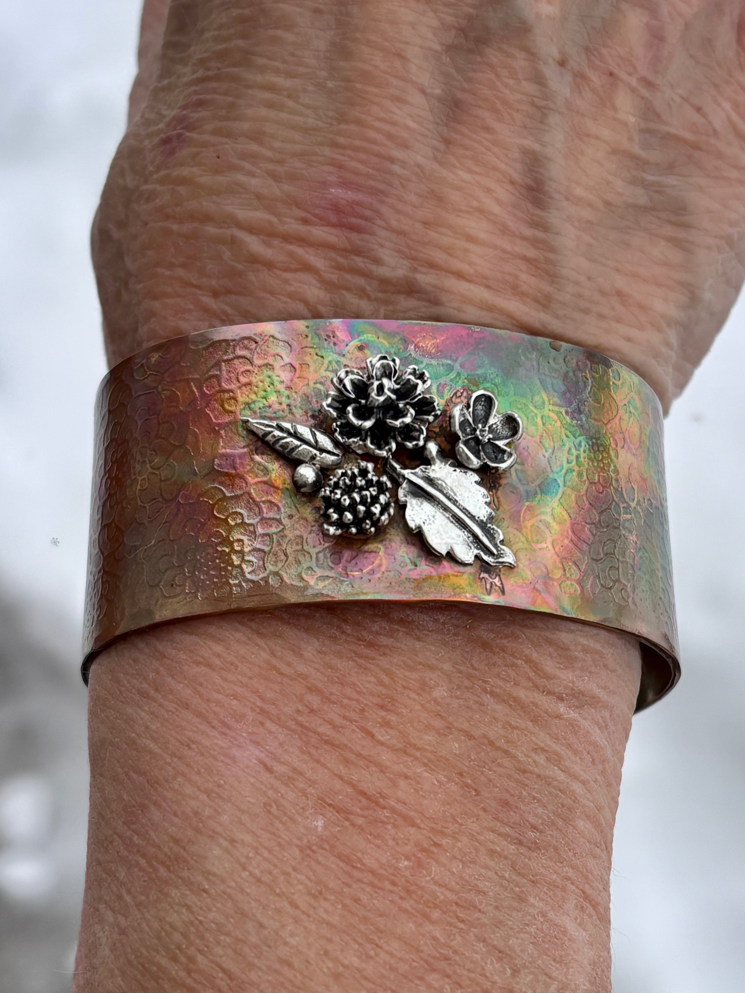 Copper 1" Fire painted cuff with sterling silver flowers boho clothing, festival outfit, hippie style apparel | Elevated Hippie