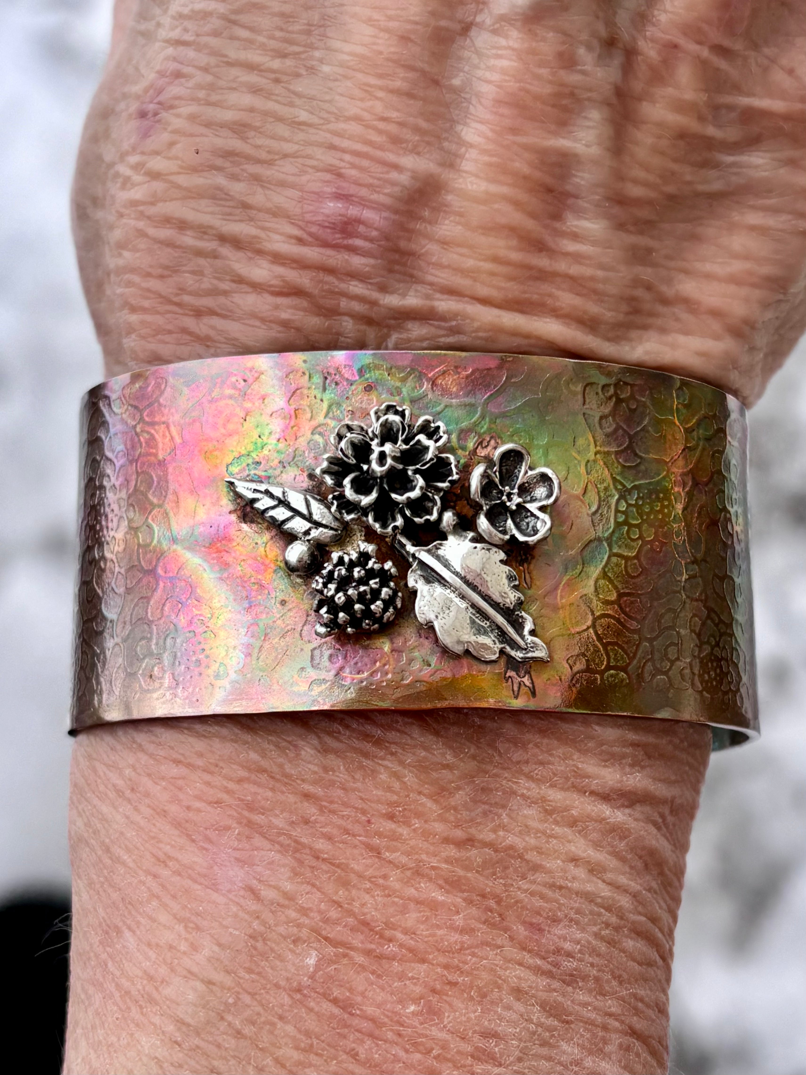 Copper 1" Fire painted cuff with sterling silver flowers boho clothing, festival outfit, hippie style apparel | Elevated Hippie