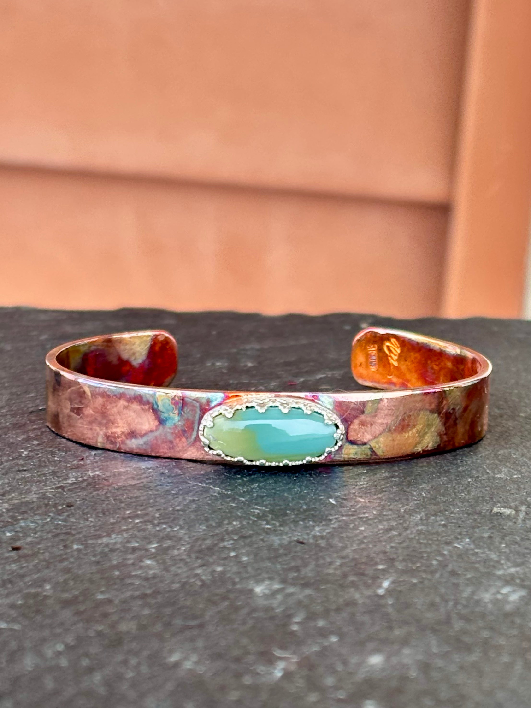 Copper and Sterling Silver 3/8" wide fire painted cuff with Imperial Jasper boho clothing, festival outfit, hippie style apparel | Elevated Hippie