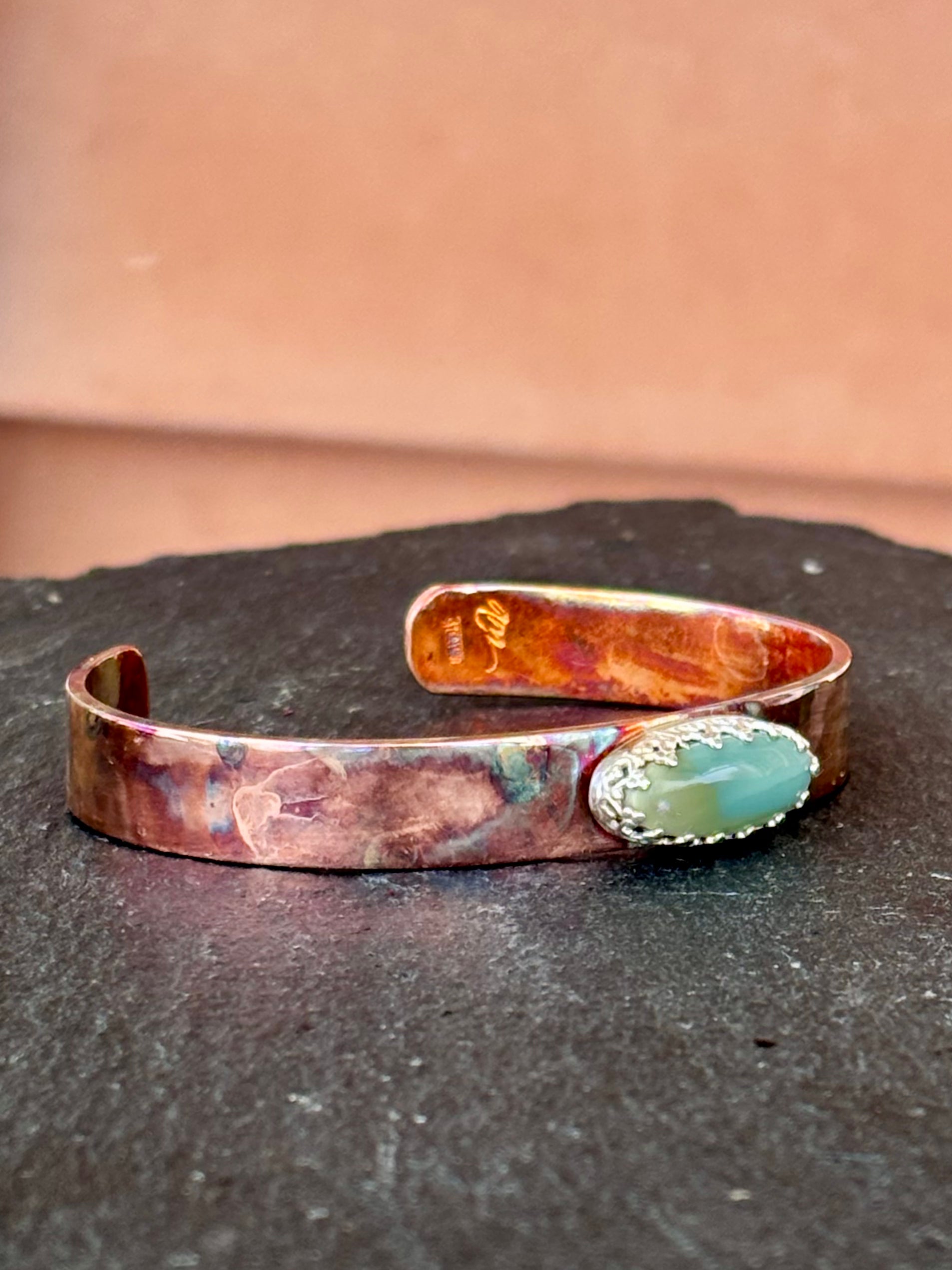 Copper and Sterling Silver 3/8" wide fire painted cuff with Imperial Jasper boho clothing, festival outfit, hippie style apparel | Elevated Hippie