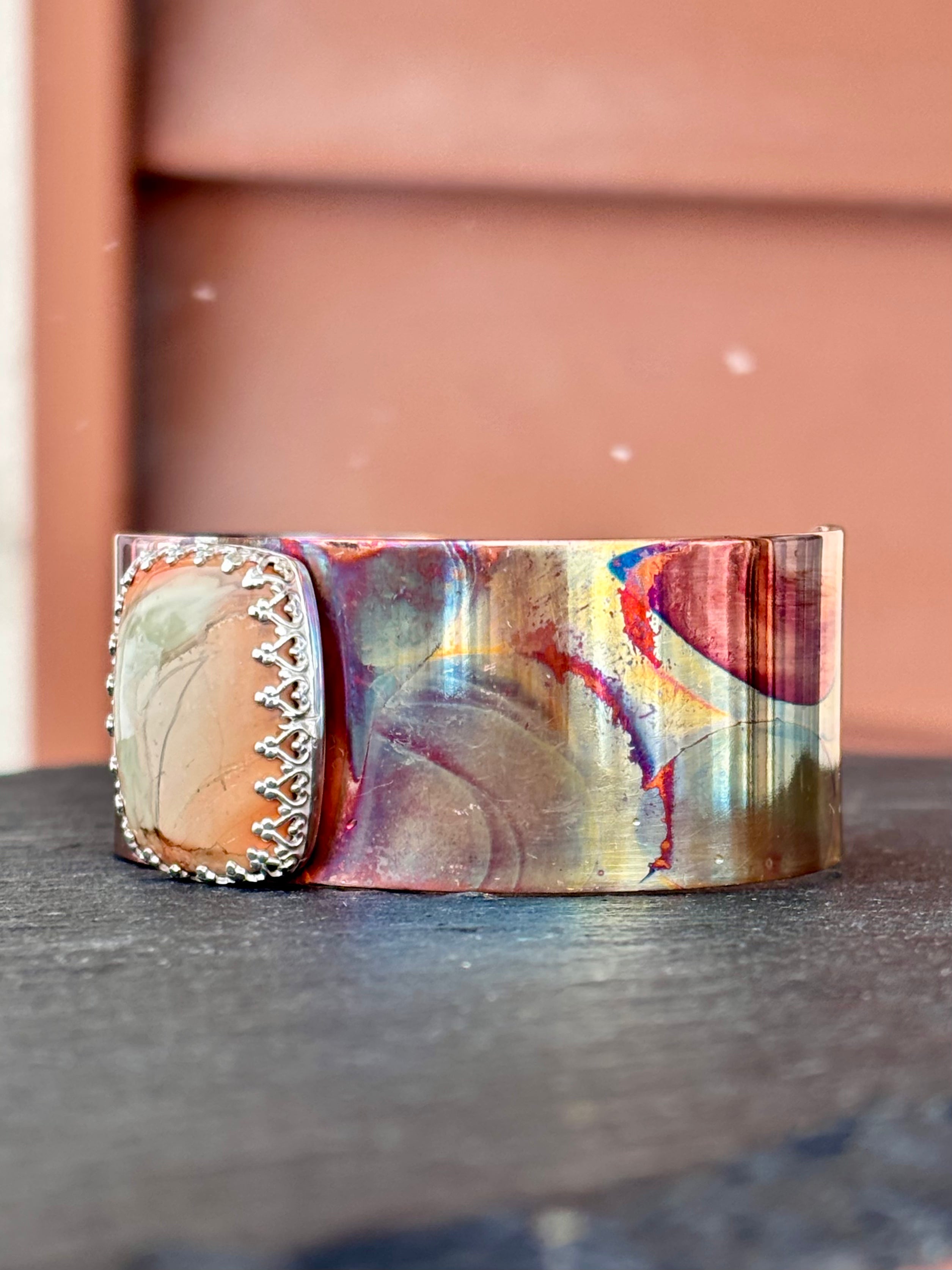 Copper and Sterling Silver 1" wide fire painted cuff with Imperial Jasper boho clothing, festival outfit, hippie style apparel | Elevated Hippie