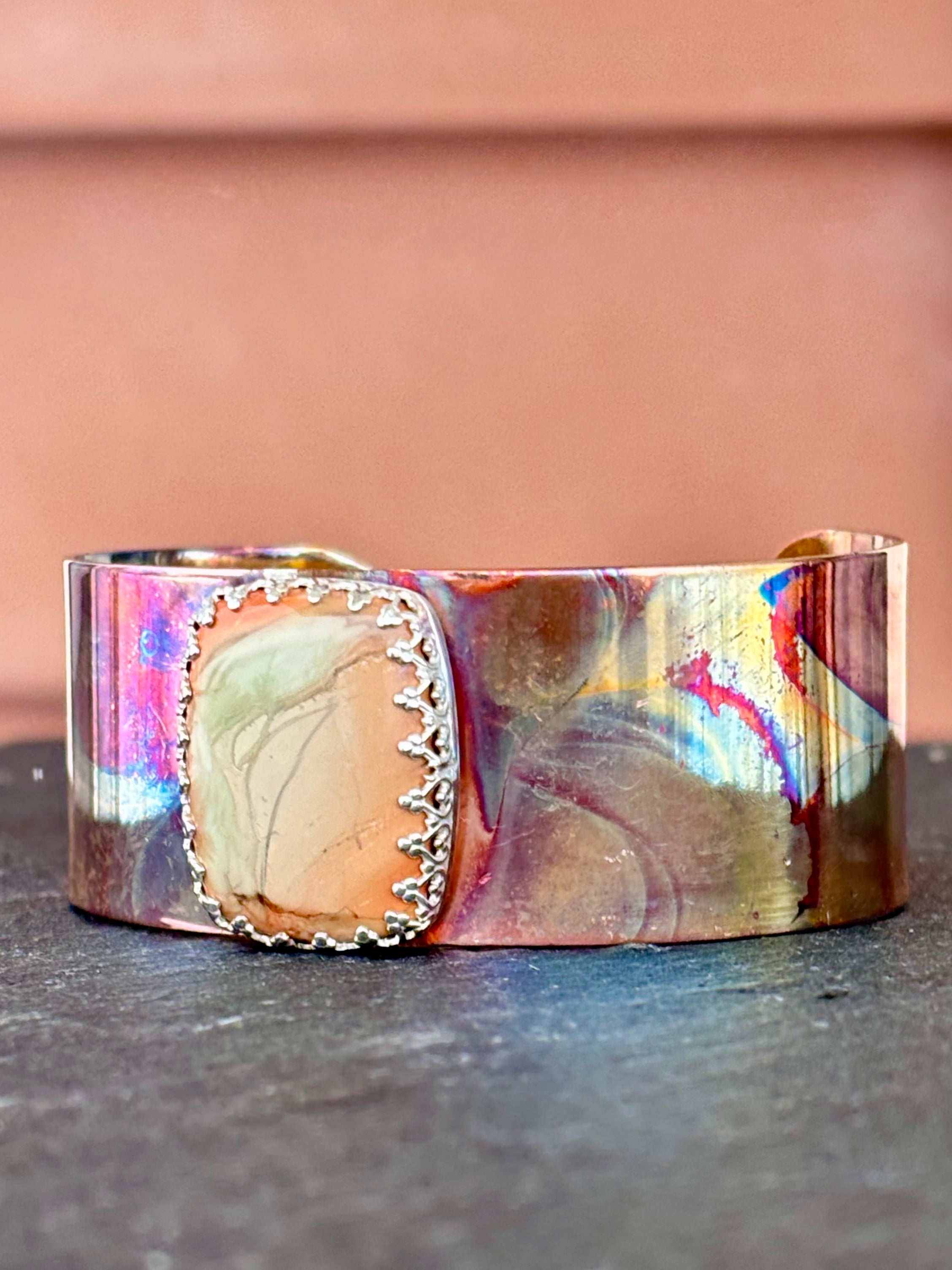 Copper and Sterling Silver 1" wide fire painted cuff with Imperial Jasper boho clothing, festival outfit, hippie style apparel | Elevated Hippie