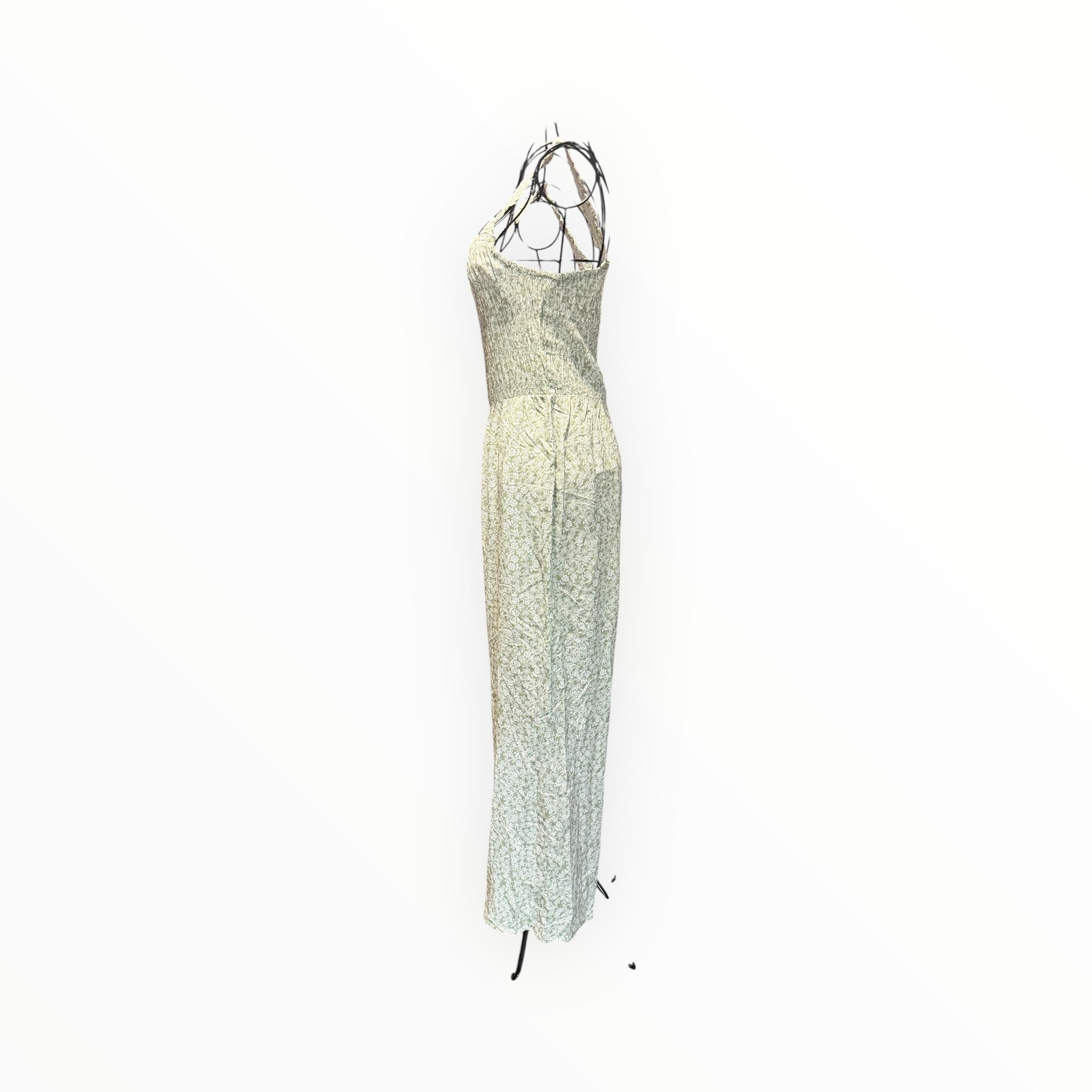 Women’s Green Floral Jumpsuit – Smocked Bodice Square Neck Sleeveless High Waist Romper with Pockets boho clothing, festival outfit, hippie style apparel | Elevated Hippie