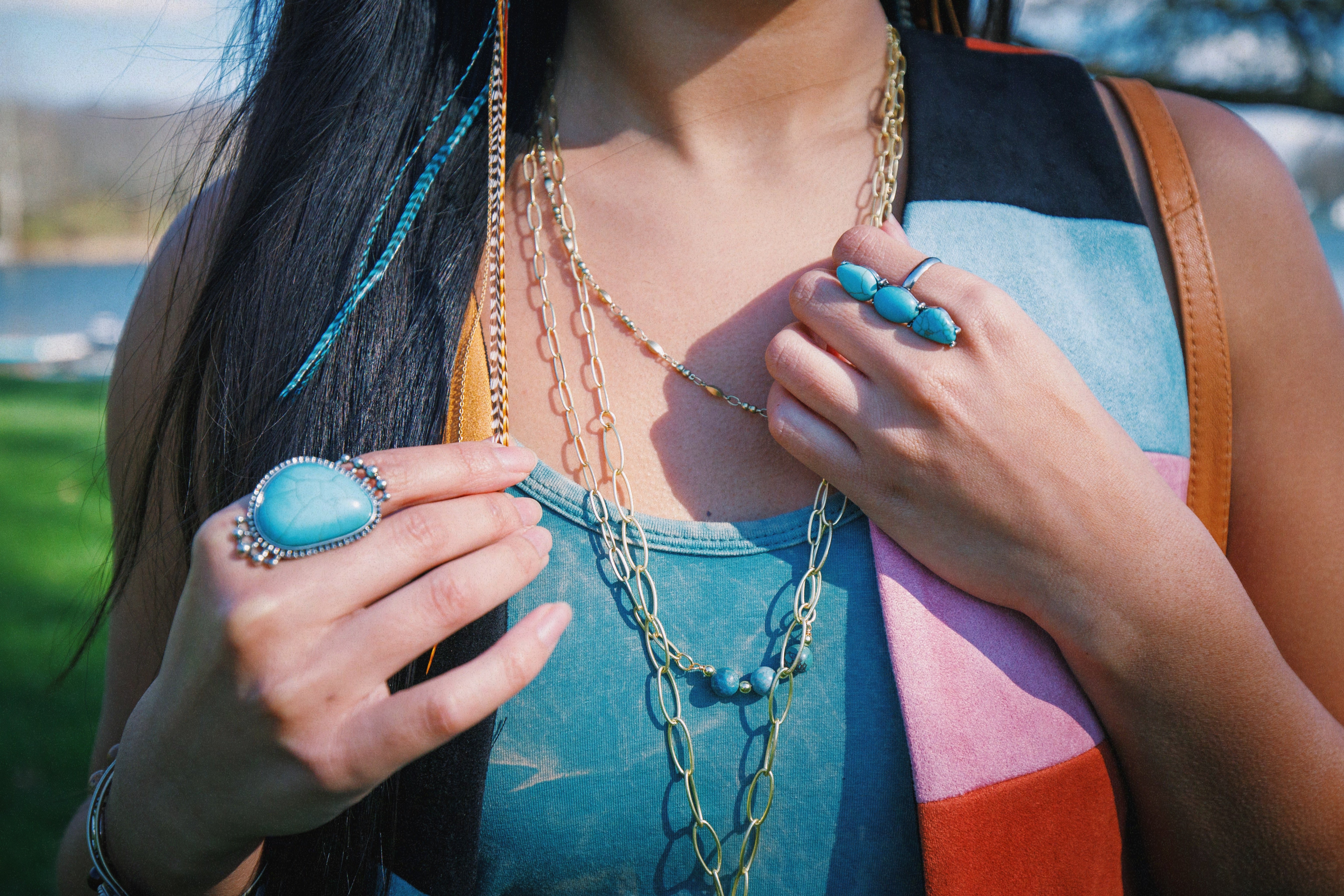 Vintage Bohemian Style Turquoise Two-Piece Ring Set for Women boho clothing, festival outfit, hippie style apparel | Elevated Hippie