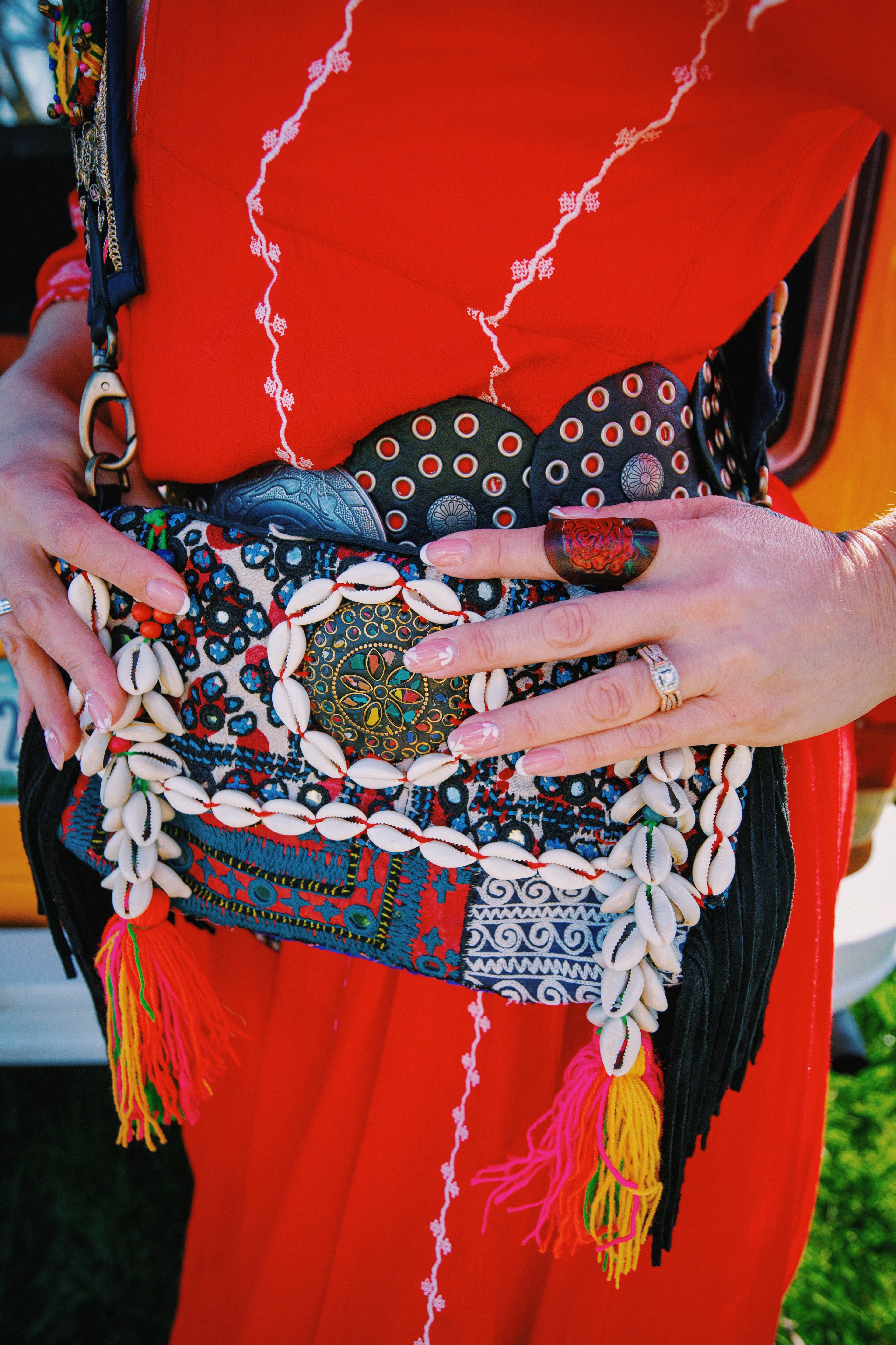 Bohemian Upcycled Fringe Shell Hand Embroidered Patch Bag  boho clothing, festival outfit, hippie style apparel | Elevated Hippie
