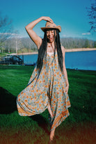 Hippie Bohemian Silk Flowy Tie Jumpsuit, Floral Jumper boho clothing, festival outfit, hippie style apparel | Elevated Hippie