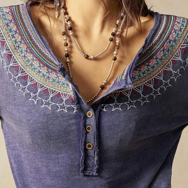 Women's Casual Long Sleeve Floral Print Button Half Placket T-Shirt - The Elevated Hippie