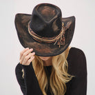 Distressed Fabric Band Feather Cowgirl Fedora Hat boho clothing, festival outfit, hippie style apparel | Elevated Hippie