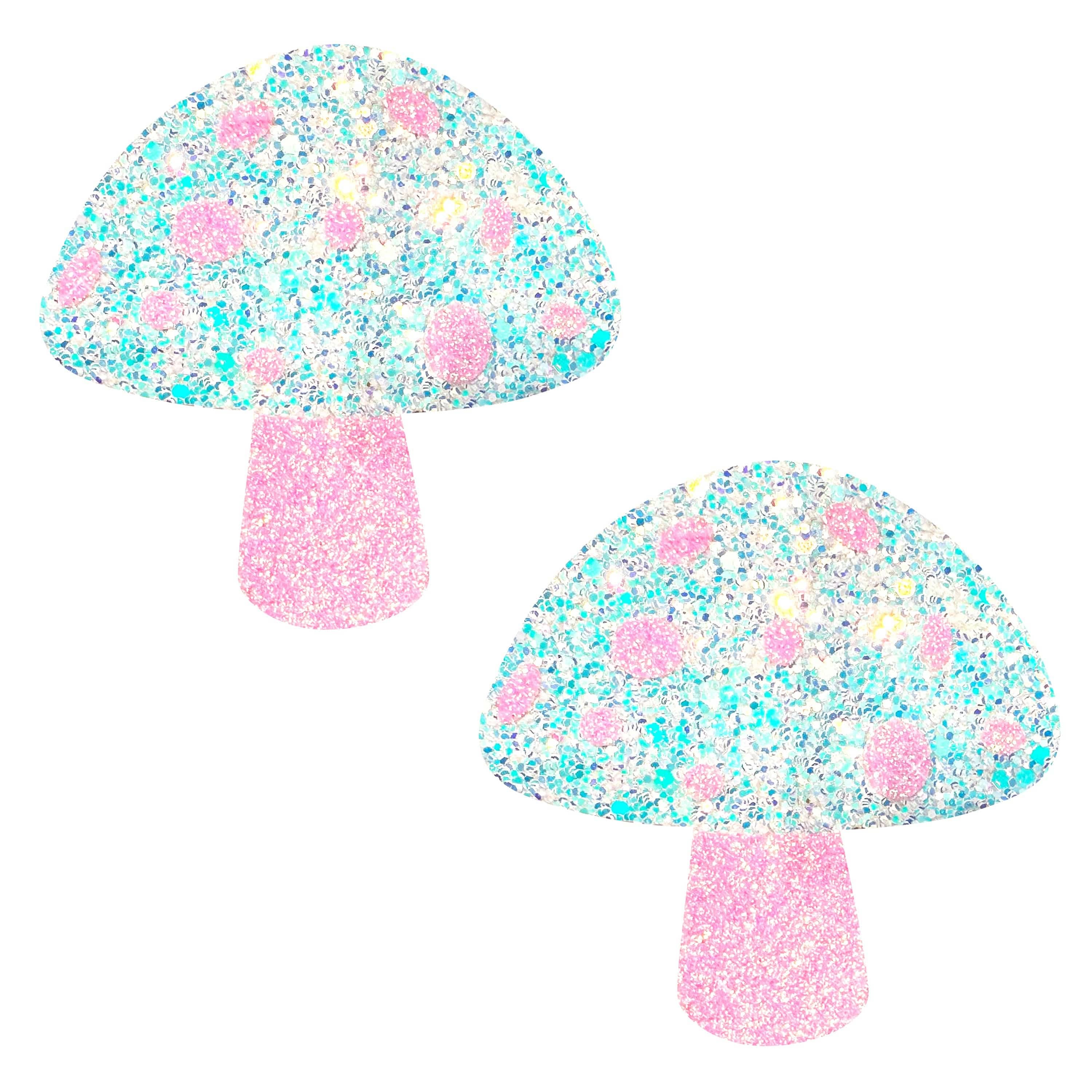 Alice Down The Rabbit Hole Super Blacklight Pink and White Glitter Shroom Nipple Cover Pasties boho clothing, festival outfit, hippie style apparel | Elevated Hippie