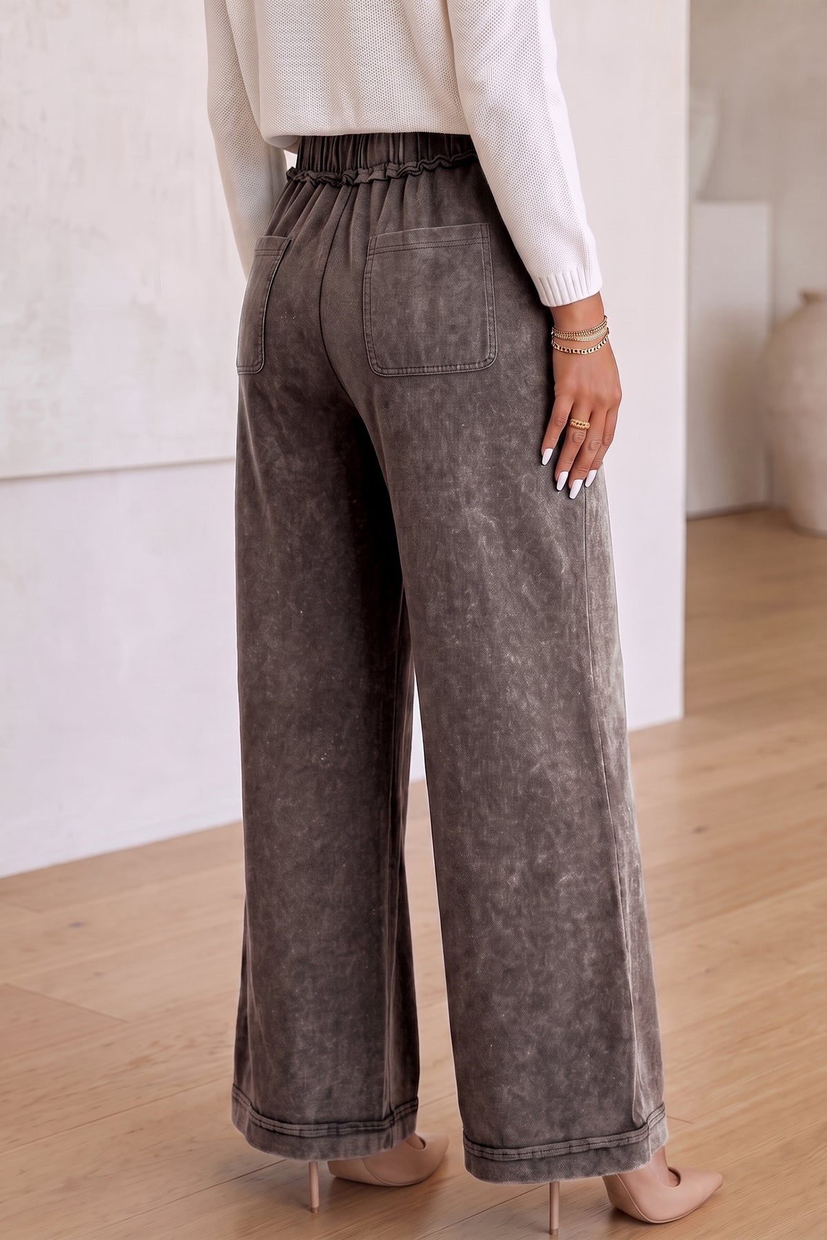 Coffee Mineral Wash Flare Leg Drawstring Pants