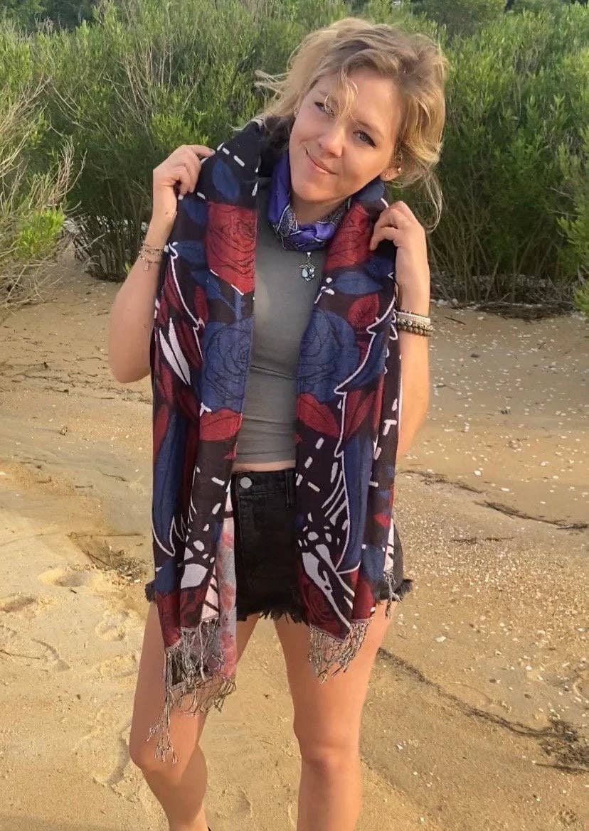 Forever Grateful Pashmina – Handcrafted Festival Fashion, Unique Artwork by Melanie & Justin Chamberlain, Double Ply Viscose Acrylic Scarf boho clothing, festival outfit, hippie style apparel | Elevated Hippie