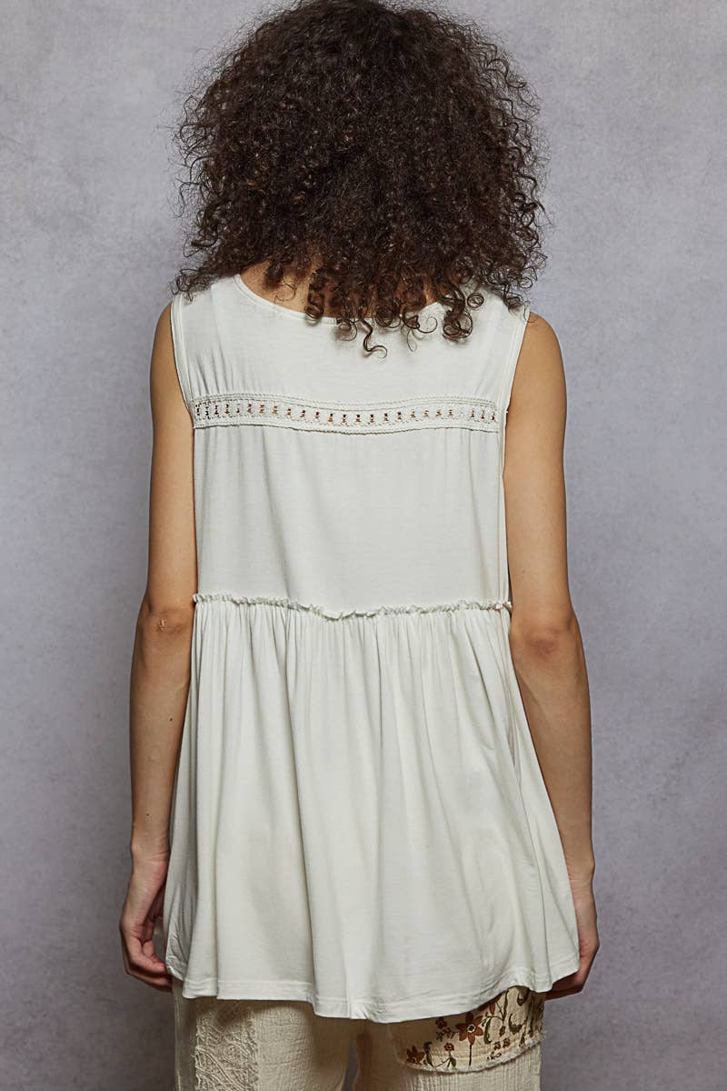 Sleeveless V-Neck Babydoll Lace Trim Knit Top boho clothing, festival outfit, hippie style apparel | Elevated Hippie