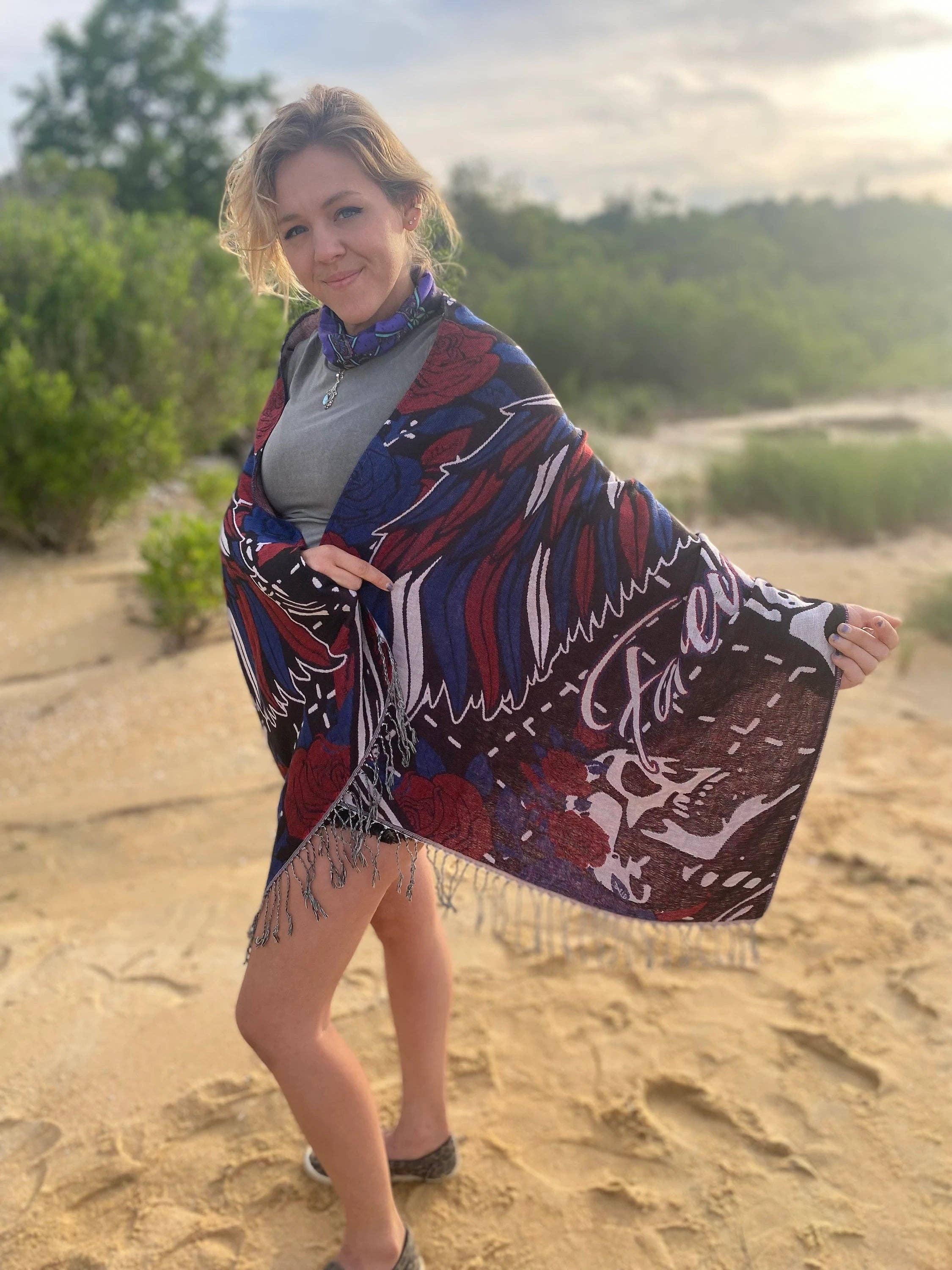 Forever Grateful Pashmina – Handcrafted Festival Fashion, Unique Artwork by Melanie & Justin Chamberlain, Double Ply Viscose Acrylic Scarf boho clothing, festival outfit, hippie style apparel | Elevated Hippie