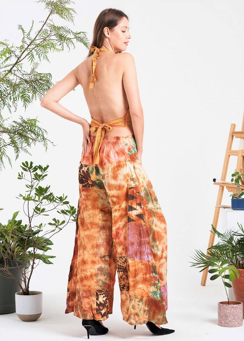 Multi-patch Wide-Leg Elastic Waist Pants (KT-1401) boho clothing, festival outfit, hippie style apparel | Elevated Hippie