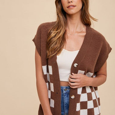 Annie Wear Checkered Button Down Short Sleeve Cardigan - The Elevated Hippie