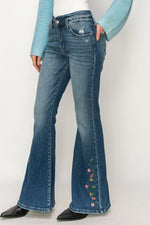 Artemis High Rise Embroidered Flare Jeans – Super Stretch, Notched Waistband, Dark Wash - The Elevated Hippie