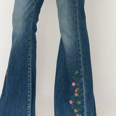 Artemis High Rise Embroidered Flare Jeans – Super Stretch, Notched Waistband, Dark Wash - The Elevated Hippie