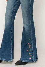 Artemis High Rise Embroidered Flare Jeans – Super Stretch, Notched Waistband, Dark Wash - The Elevated Hippie