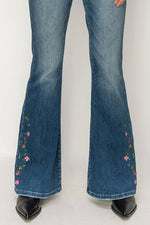Artemis High Rise Embroidered Flare Jeans – Super Stretch, Notched Waistband, Dark Wash - The Elevated Hippie
