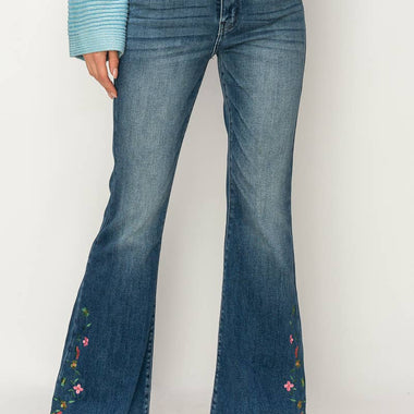 Artemis High Rise Embroidered Flare Jeans – Super Stretch, Notched Waistband, Dark Wash - The Elevated Hippie