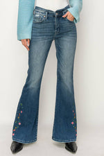 Artemis High Rise Embroidered Flare Jeans – Super Stretch, Notched Waistband, Dark Wash - The Elevated Hippie