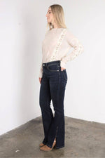 Artemis High Rise Flare Jeans – Side Slit Detail, Stretch Denim, Dark Stone Wash - The Elevated Hippie