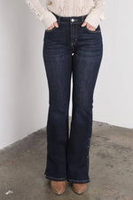Artemis High Rise Flare Jeans – Side Slit Detail, Stretch Denim, Dark Stone Wash - The Elevated Hippie