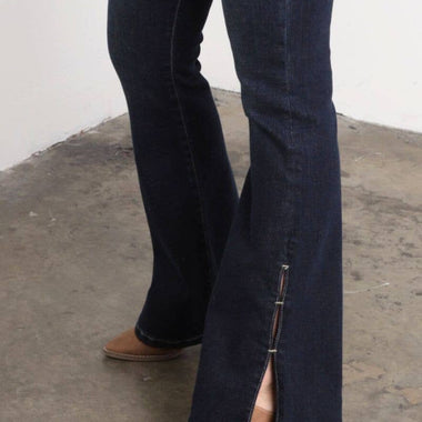 Artemis High Rise Flare Jeans – Side Slit Detail, Stretch Denim, Dark Stone Wash - The Elevated Hippie