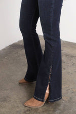 Artemis High Rise Flare Jeans – Side Slit Detail, Stretch Denim, Dark Stone Wash - The Elevated Hippie