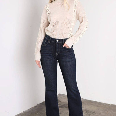 Artemis High Rise Flare Jeans – Side Slit Detail, Stretch Denim, Dark Stone Wash - The Elevated Hippie