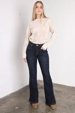 Artemis High Rise Flare Jeans – Side Slit Detail, Stretch Denim, Dark Stone Wash - The Elevated Hippie