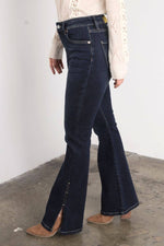 Artemis High Rise Flare Jeans – Side Slit Detail, Stretch Denim, Dark Stone Wash - The Elevated Hippie