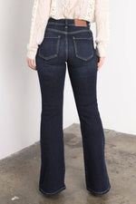 Artemis High Rise Flare Jeans – Side Slit Detail, Stretch Denim, Dark Stone Wash - The Elevated Hippie