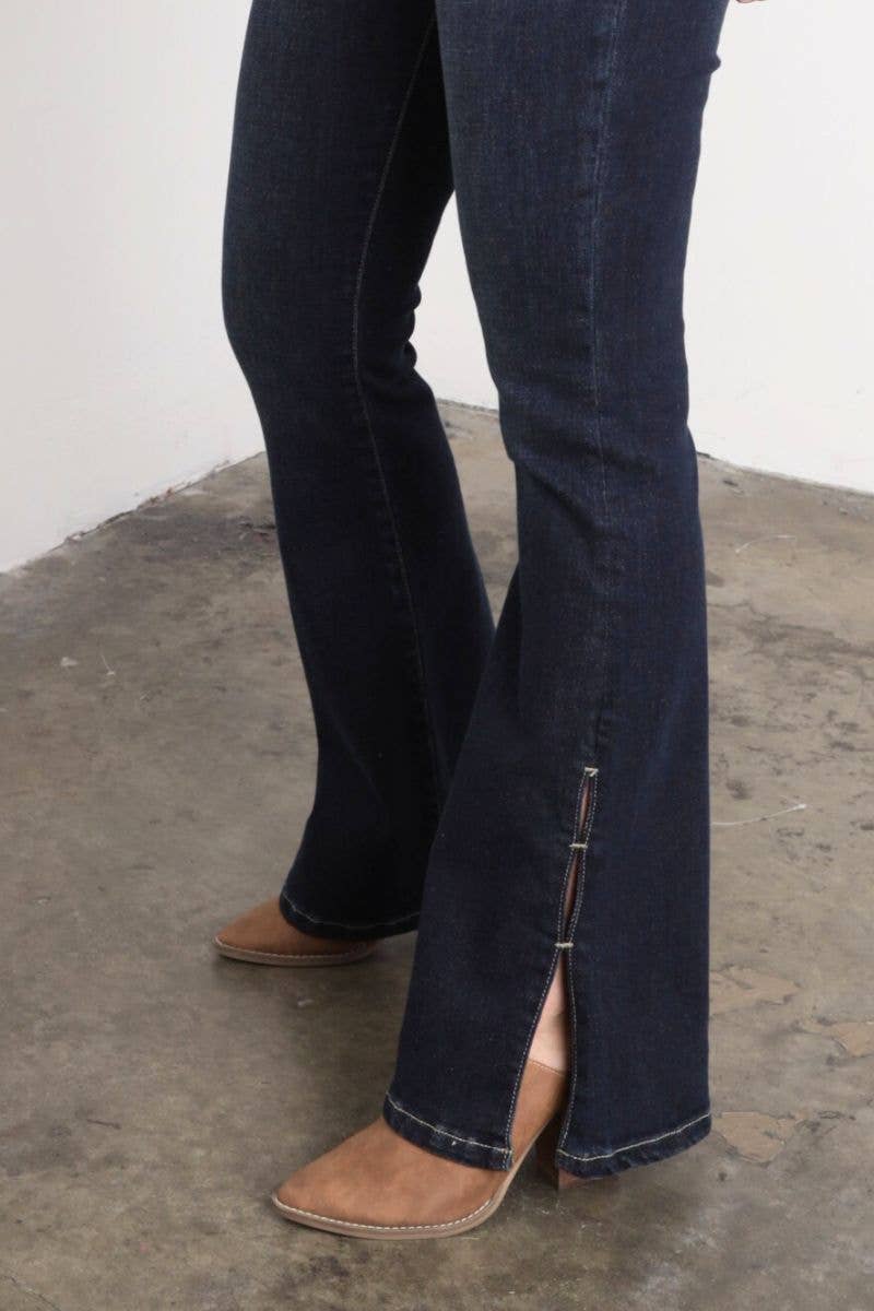 Artemis High Rise Flare Jeans – Side Slit Detail, Stretch Denim, Dark Stone Wash - The Elevated Hippie